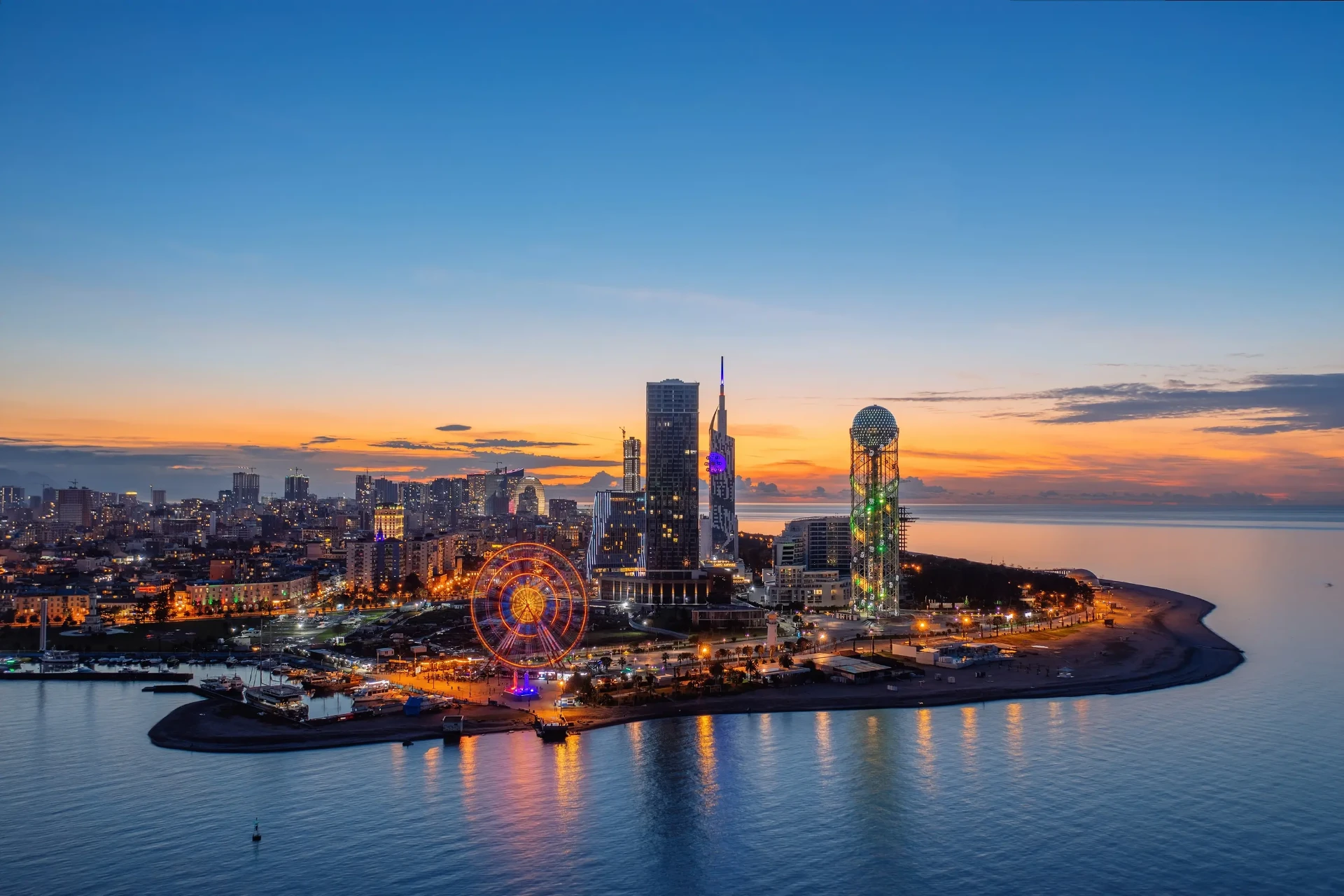 Batumi skyline and Black Sea coast at sunset