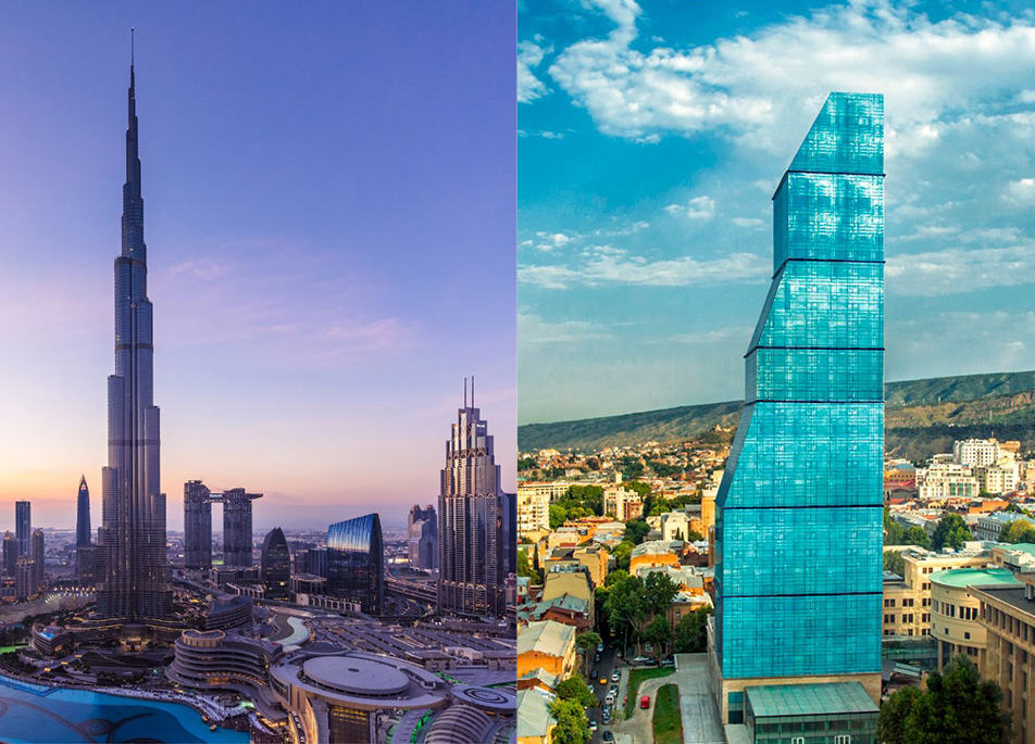 Dubai's Burj Khalifa beside a modern Tbilisi tower — two property markets compared